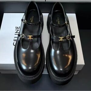 Celine Black Patent Leather Double-Strap Heeled Mary Jane Boots